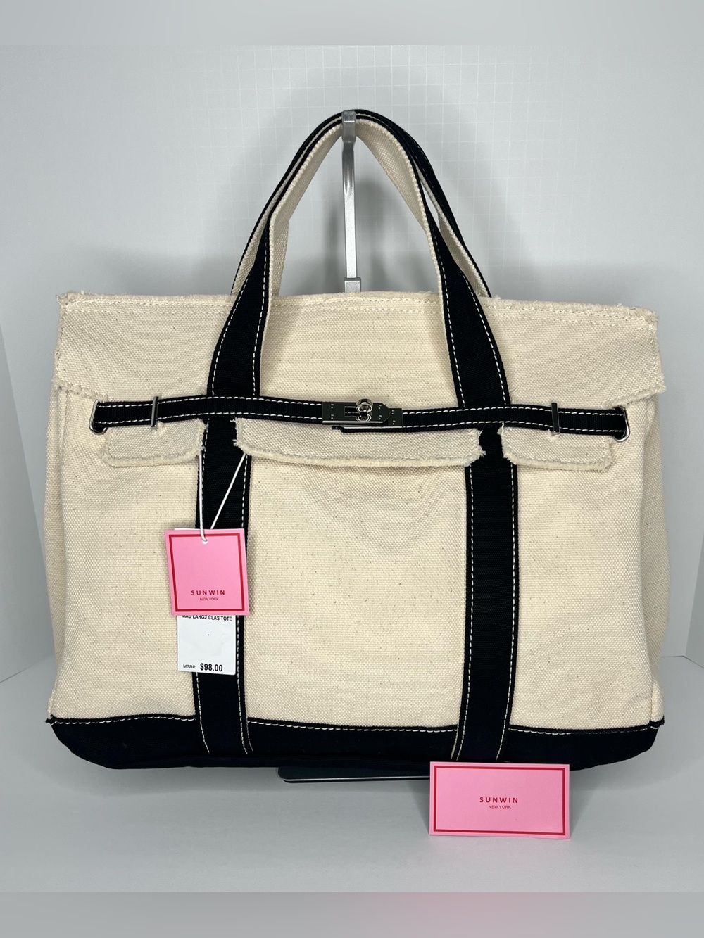 Sunwin Cream Canvas Tote with Black Trim